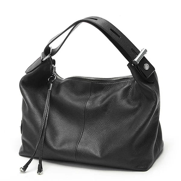 Zency 100% Genuine Leather Large Women Top Handle Shoulder Bag Tote Handbag Purse Black Leather Hobo Bag Underarm Zipper Bags