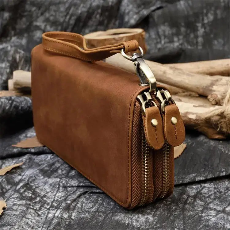 Retro Crazy Horse Leather Purse for Men Clutch Purse Double Zipper 24 Cards Clutches Vintage Woman Genuine Leather Long Wallet
