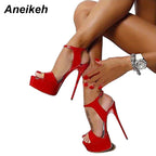 Aneikeh Hot Sales 2026 Summer Style Sexy 16cm Women Sandals High Heels Open Toe Buckles Nightclub Party Shoe Black Big Size 15
