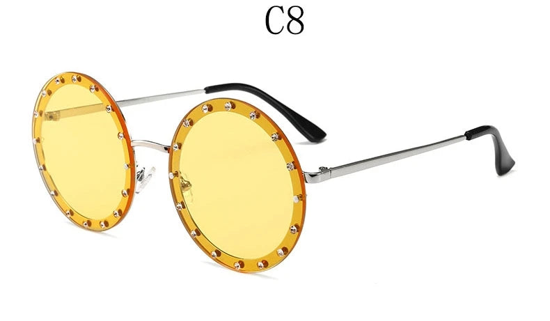 Vintage Round Sunglasses Women Luxury Rhinestone Metal Sun Glasses Ladies Classic Pink Red Retro Clear Shades Eyewear Men UV400