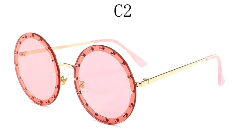 Vintage Round Sunglasses Women Luxury Rhinestone Metal Sun Glasses Ladies Classic Pink Red Retro Clear Shades Eyewear Men UV400
