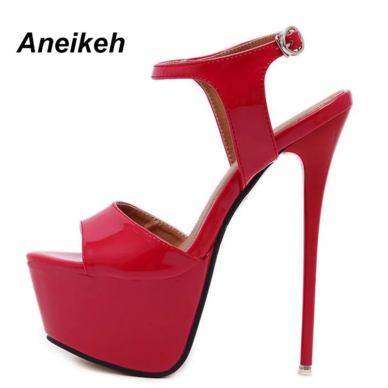 Aneikeh Hot Sales 2026 Summer Style Sexy 16cm Women Sandals High Heels Open Toe Buckles Nightclub Party Shoe Black Big Size 15