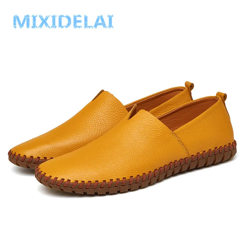 MIXIDELAI Genuine Cow Leather Mens Loafers Fashion Handmade Moccasins Soft Leather Blue Slip On Men's Boat Shoe PLUS SIZE 38~47