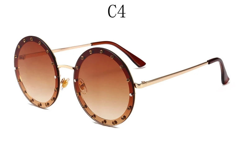 Vintage Round Sunglasses Women Luxury Rhinestone Metal Sun Glasses Ladies Classic Pink Red Retro Clear Shades Eyewear Men UV400