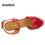Aneikeh Hot Sales 2026 Summer Style Sexy 16cm Women Sandals High Heels Open Toe Buckles Nightclub Party Shoe Black Big Size 15