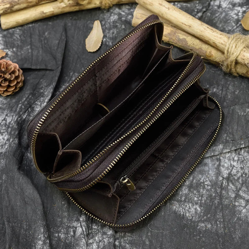 Retro Crazy Horse Leather Purse for Men Clutch Purse Double Zipper 24 Cards Clutches Vintage Woman Genuine Leather Long Wallet