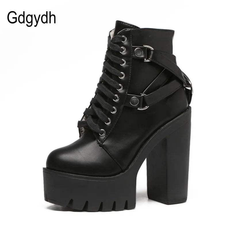 Gdgydh Fashion Black Boots Women Heel Spring Autumn Lace-up Soft Leather Platform Shoes Woman Party Ankle Boots High Heels Punk