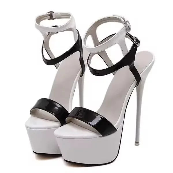 Aneikeh Hot Sales 2026 Summer Style Sexy 16cm Women Sandals High Heels Open Toe Buckles Nightclub Party Shoe Black Big Size 15