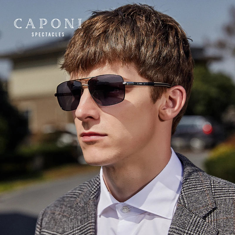 CAPONI Photochromic Men's Sunglasses Polarized Classic Brand Design Anti Ray Shades Driving Square Sun Glasses Men UV400 BS8724