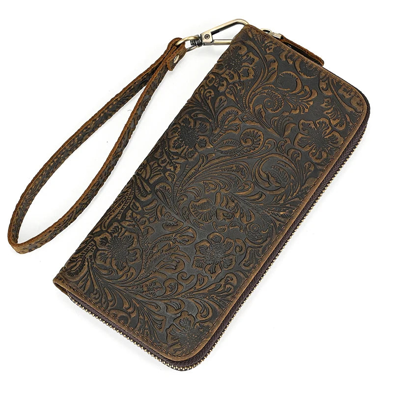 Retro Crazy Horse Leather Purse for Men Clutch Purse Double Zipper 24 Cards Clutches Vintage Woman Genuine Leather Long Wallet
