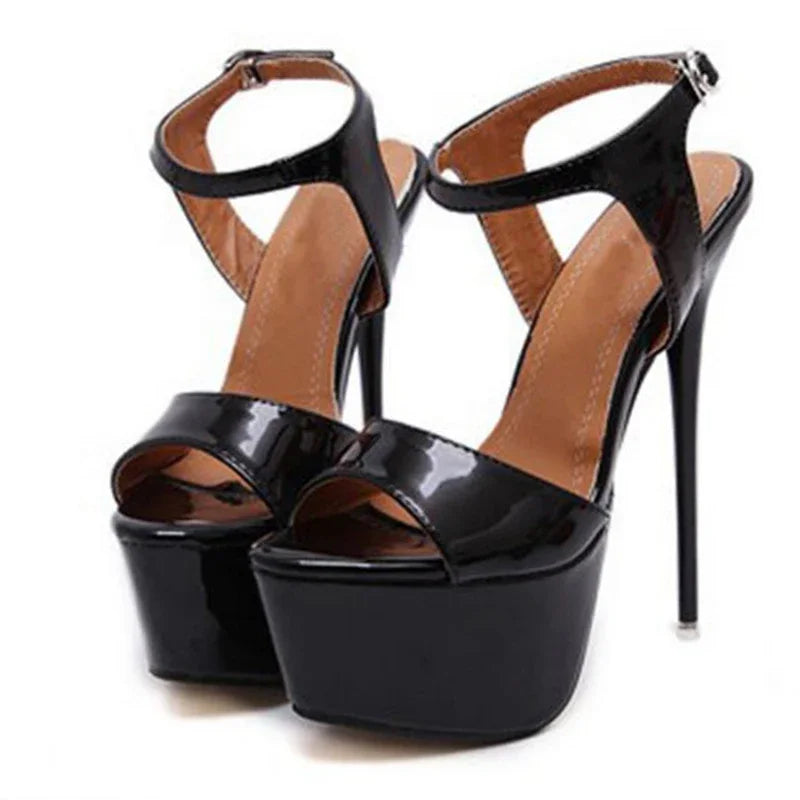 Aneikeh Hot Sales 2026 Summer Style Sexy 16cm Women Sandals High Heels Open Toe Buckles Nightclub Party Shoe Black Big Size 15