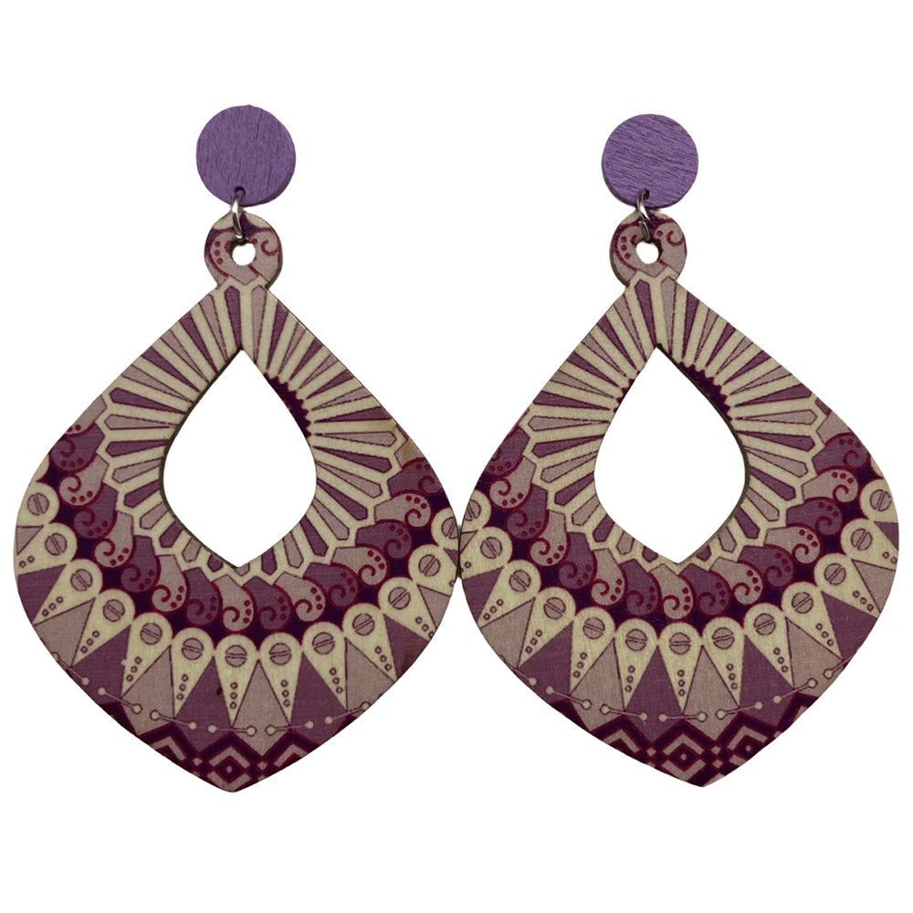 Fashion Bohemian Color Painted Water Drop Wooden Earrings for Women Ethnic Style Long Hollow Dangle Earring Female Jewelry