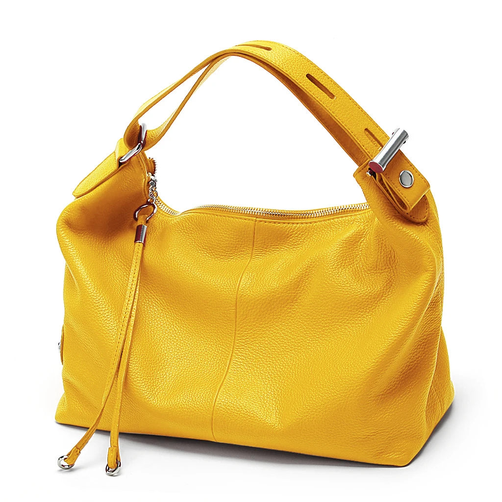 Zency 100% Genuine Leather Large Women Top Handle Shoulder Bag Tote Handbag Purse Black Leather Hobo Bag Underarm Zipper Bags