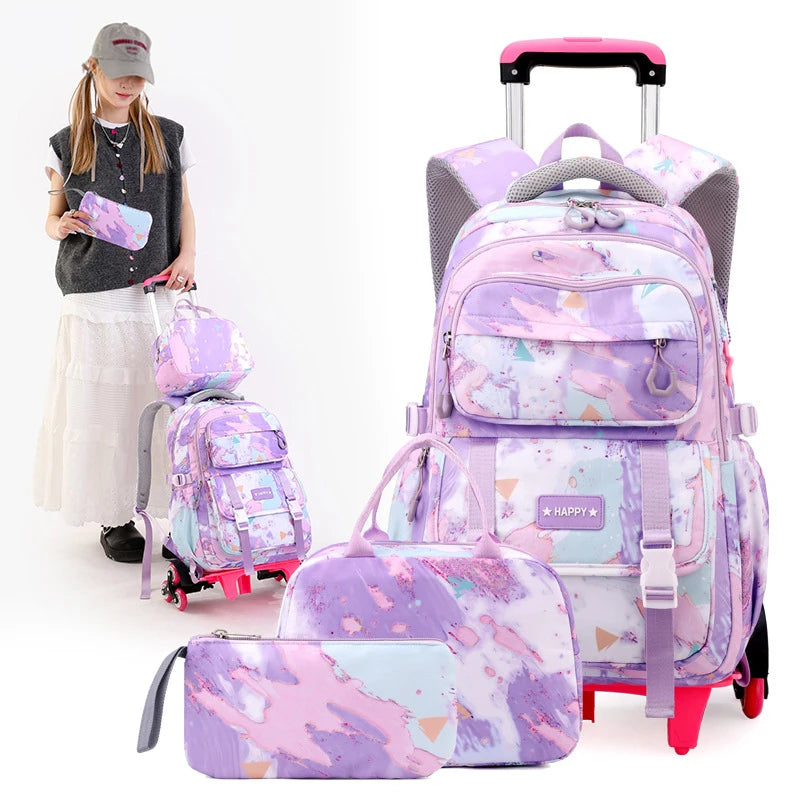 Kids School Backpack with Wheels Rolling Backpack for Girls Student Wheeled Backpack Trolley School Bag Travel Trolley Luggage