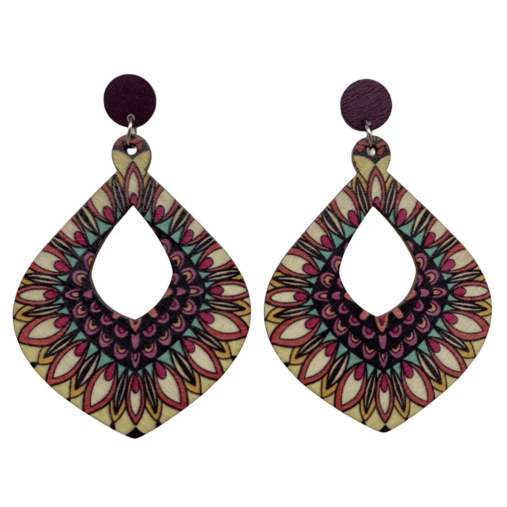 Fashion Bohemian Color Painted Water Drop Wooden Earrings for Women Ethnic Style Long Hollow Dangle Earring Female Jewelry