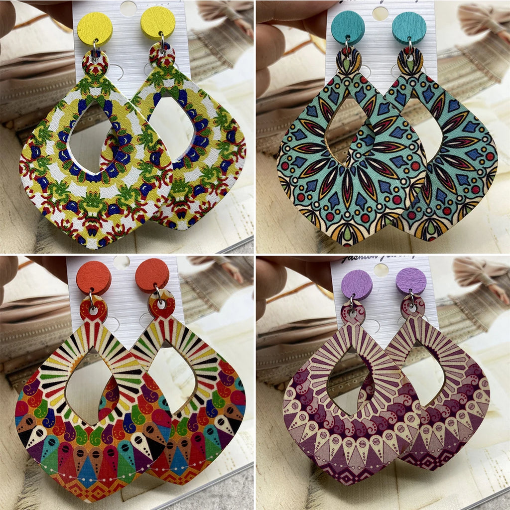 Fashion Bohemian Color Painted Water Drop Wooden Earrings for Women Ethnic Style Long Hollow Dangle Earring Female Jewelry