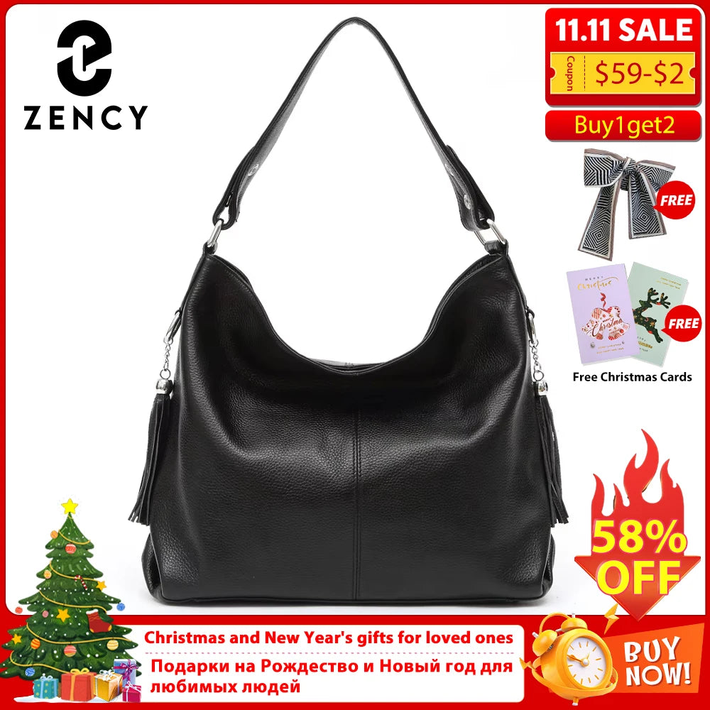 Zency 2025 New Fashion Soft Real Genuine Leather Tassel Women Handbag Elegant Ladies Hobo Shoulder Bag Messenger Purse Satchel