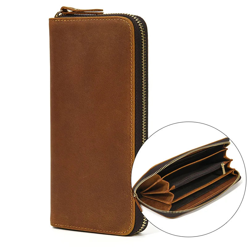 Retro Crazy Horse Leather Purse for Men Clutch Purse Double Zipper 24 Cards Clutches Vintage Woman Genuine Leather Long Wallet