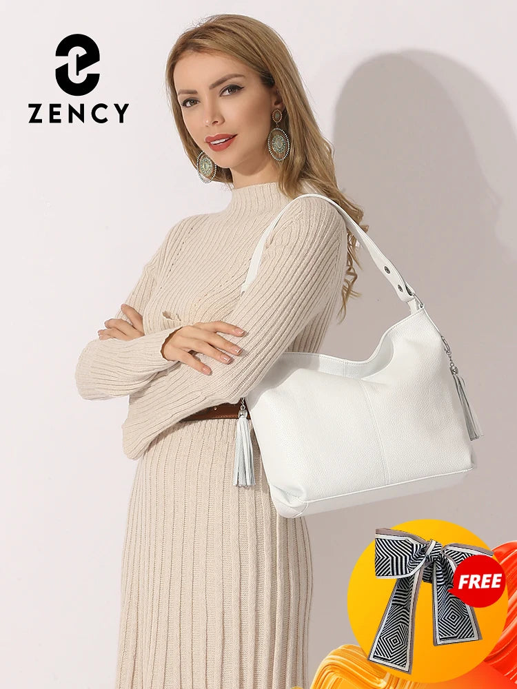 Zency 2025 New Fashion Soft Real Genuine Leather Tassel Women Handbag Elegant Ladies Hobo Shoulder Bag Messenger Purse Satchel