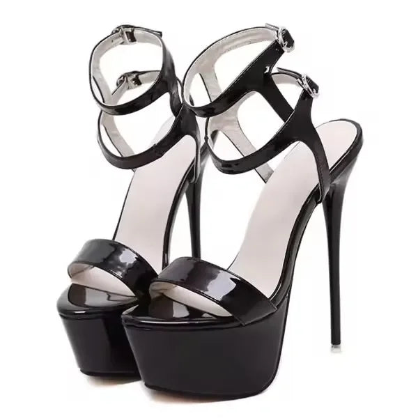 Aneikeh Hot Sales 2026 Summer Style Sexy 16cm Women Sandals High Heels Open Toe Buckles Nightclub Party Shoe Black Big Size 15