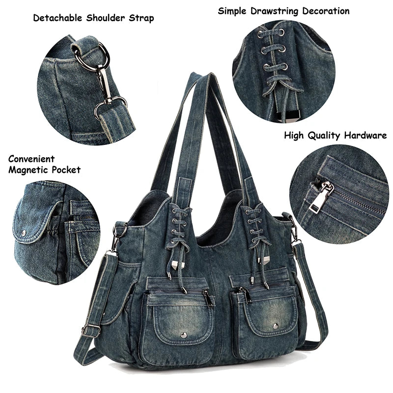 iPinee Women's Denim Bag Y2K Vintage Blue Jean Purse and Handbags Crossbody Shoulder Wallet Large Capacity