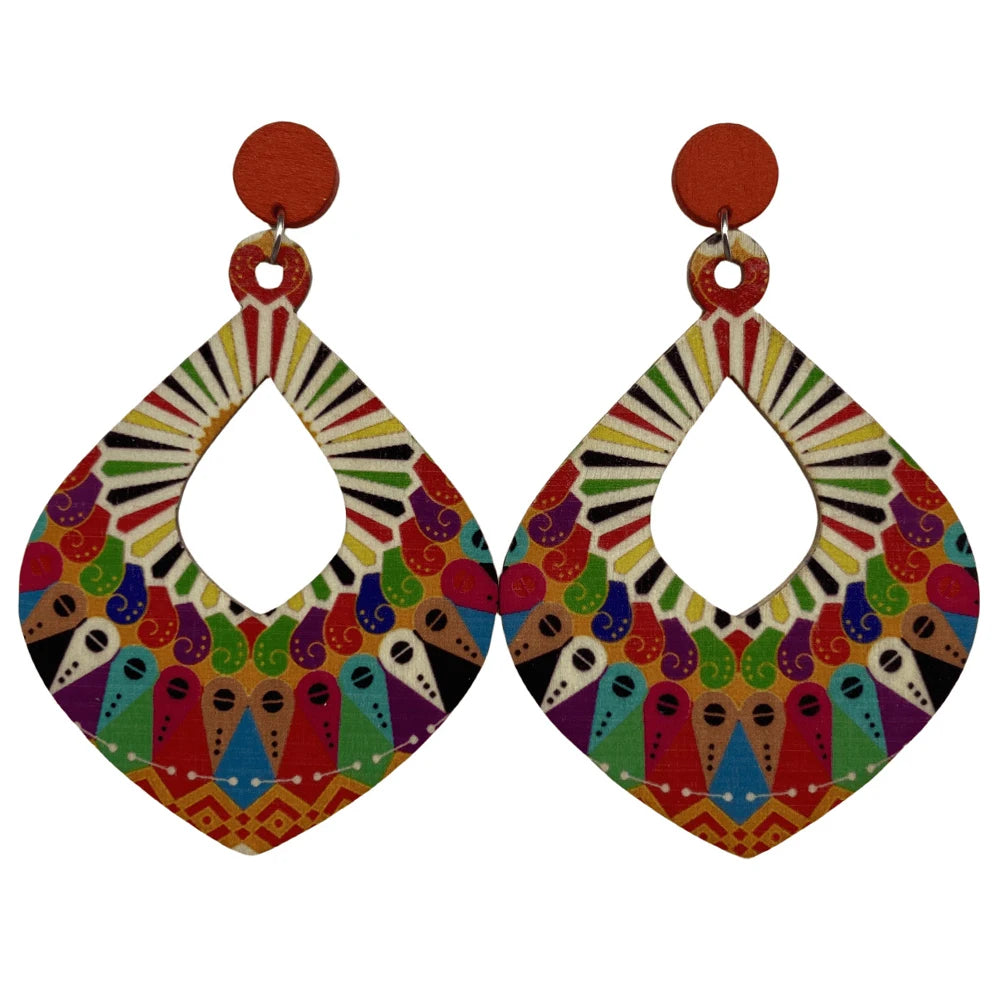 Fashion Bohemian Color Painted Water Drop Wooden Earrings for Women Ethnic Style Long Hollow Dangle Earring Female Jewelry
