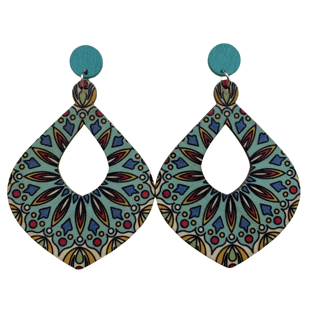 Fashion Bohemian Color Painted Water Drop Wooden Earrings for Women Ethnic Style Long Hollow Dangle Earring Female Jewelry