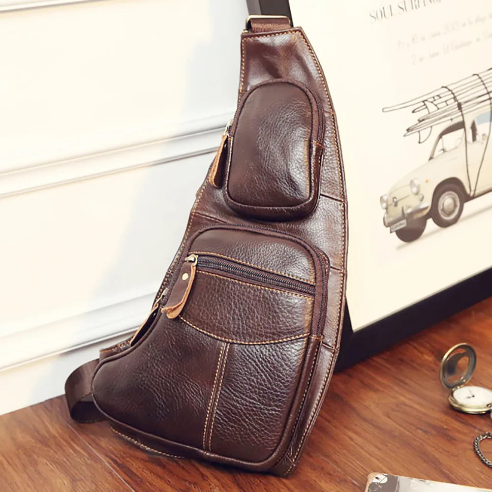 New Men Genuine Leather Cowhide Vintage Sling Single Chest Back Day Pack Travel Famous Casual Cross Body Messenger Shoulder Bag