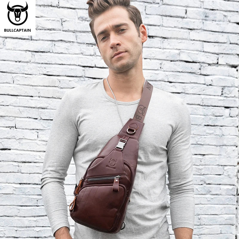 BULLCAPTAIN 2024 Genuine Leather Chest Bag Men's Fashion Style Casual Straddle Bag Business Large Capacity Leather Men's Luggage
