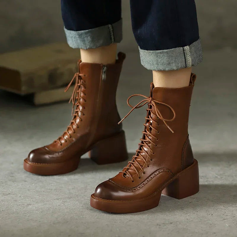 2022 New Fashion Leisure Women Ankle Boots Platforms Genuine Leather Lace-Up Round Toe Autumn Winter Outdoor Casual Shoes Woman