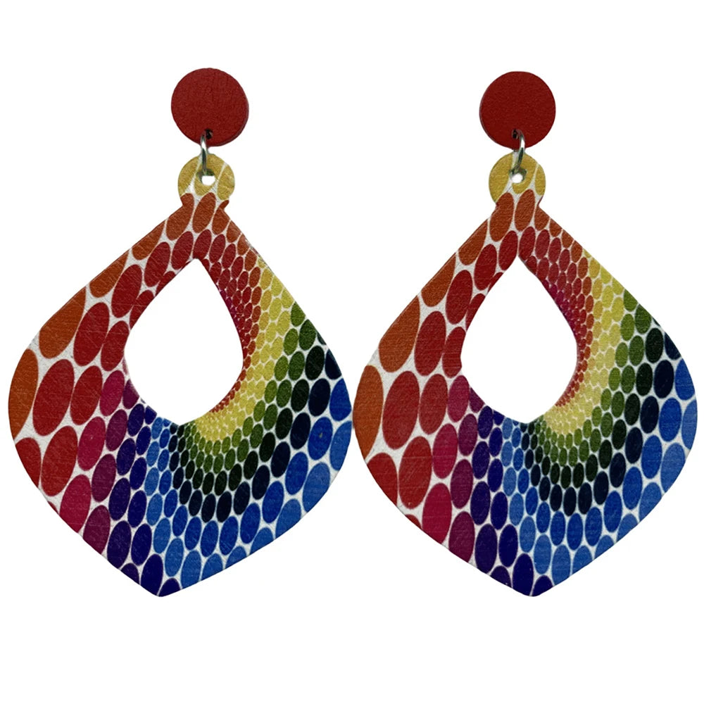 Fashion Bohemian Color Painted Water Drop Wooden Earrings for Women Ethnic Style Long Hollow Dangle Earring Female Jewelry