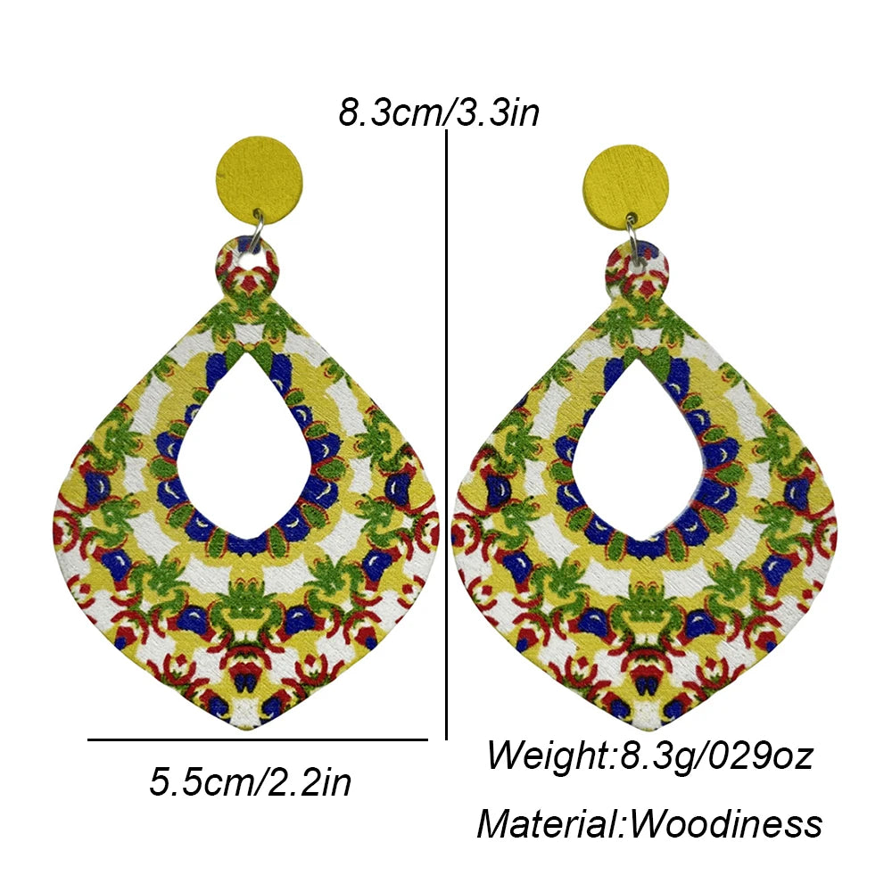 Fashion Bohemian Color Painted Water Drop Wooden Earrings for Women Ethnic Style Long Hollow Dangle Earring Female Jewelry