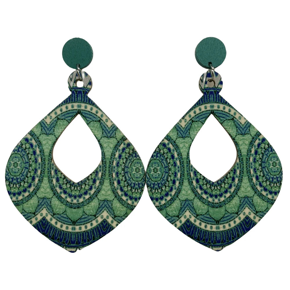 Fashion Bohemian Color Painted Water Drop Wooden Earrings for Women Ethnic Style Long Hollow Dangle Earring Female Jewelry