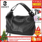 Zency 100% Genuine Leather Large Women Top Handle Shoulder Bag Tote Handbag Purse Black Leather Hobo Bag Underarm Zipper Bags