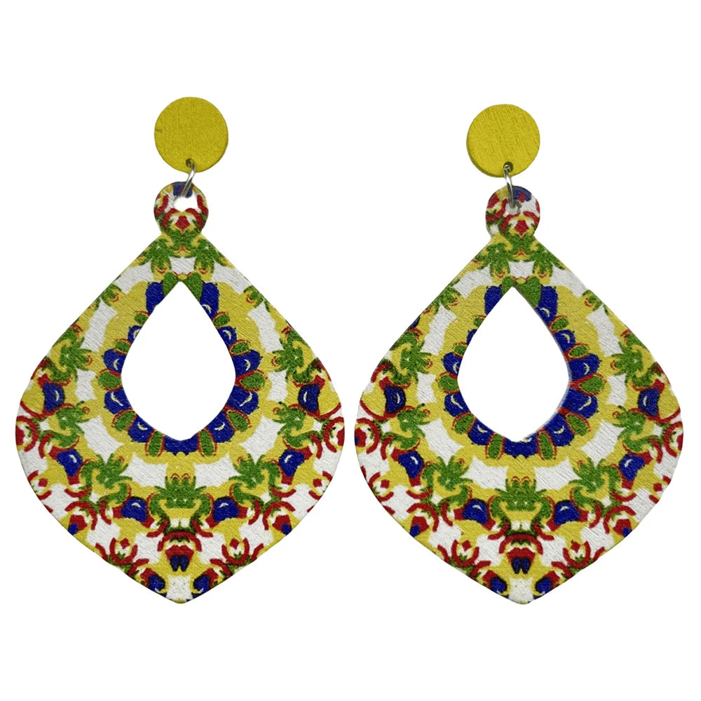 Fashion Bohemian Color Painted Water Drop Wooden Earrings for Women Ethnic Style Long Hollow Dangle Earring Female Jewelry